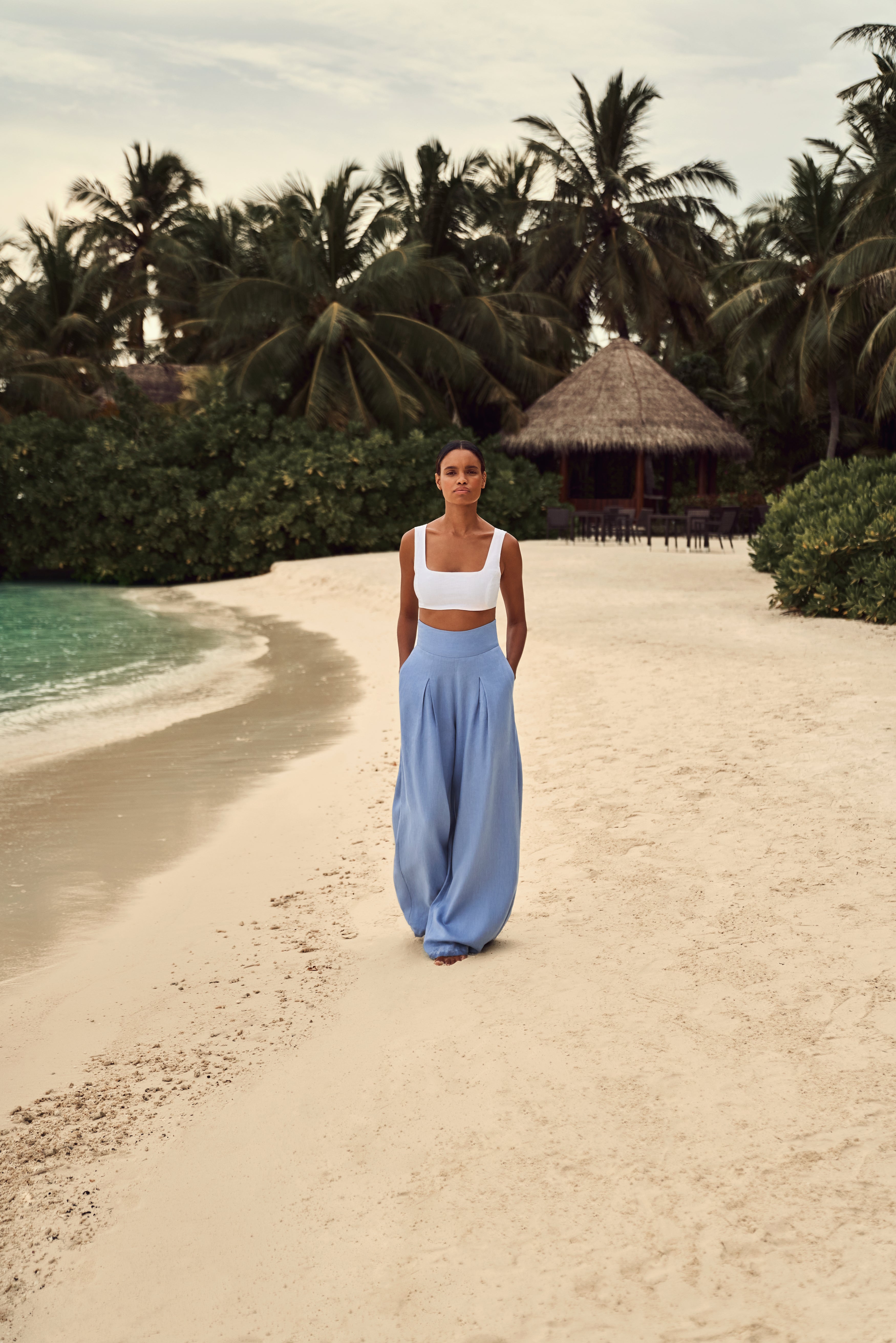 'ANAIS' WIDE LEG LINEN TROUSERS - BLUE