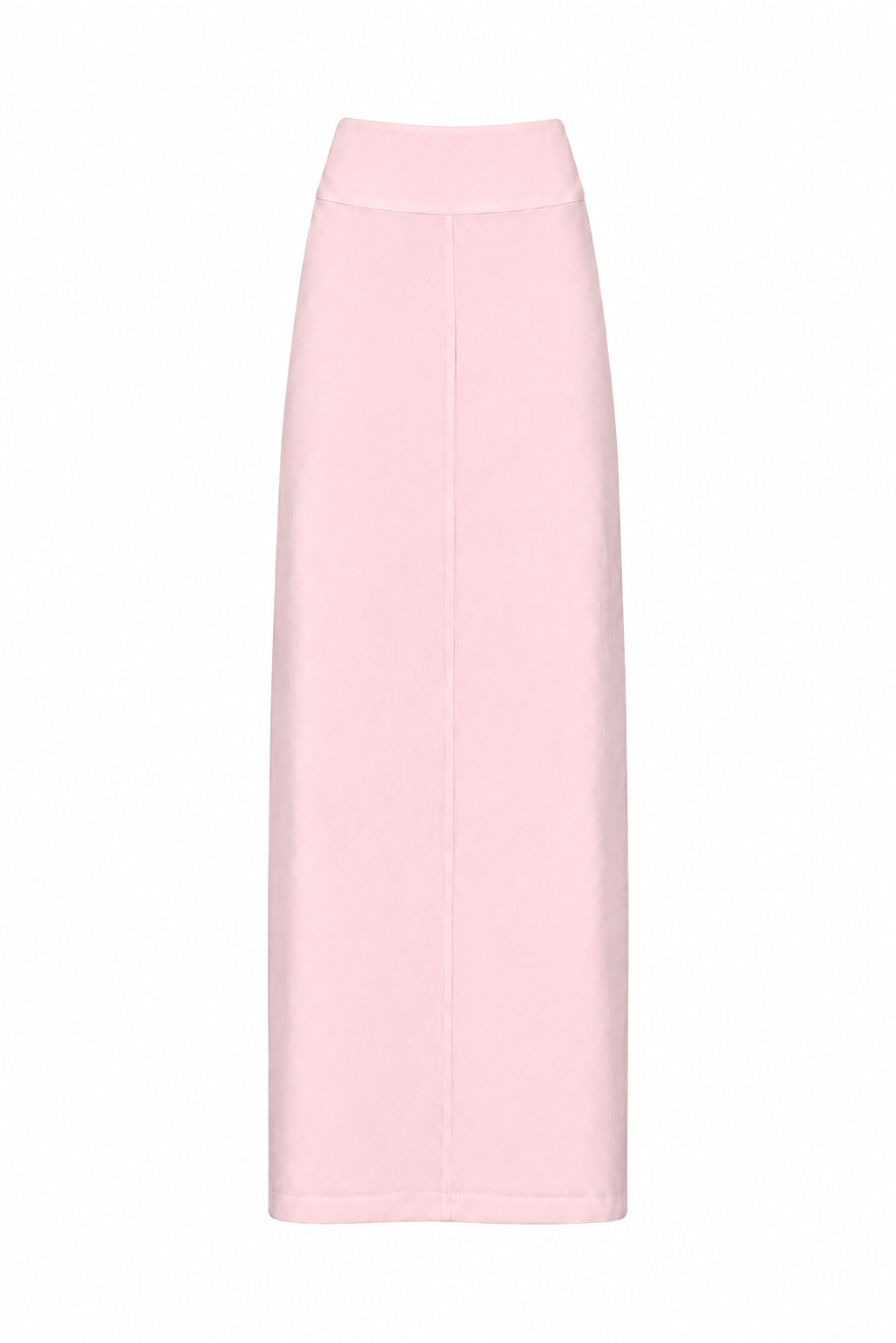 A light pink, high-waisted midi skirt with a straight silhouette and a central seam, shown flat against a solid white background.