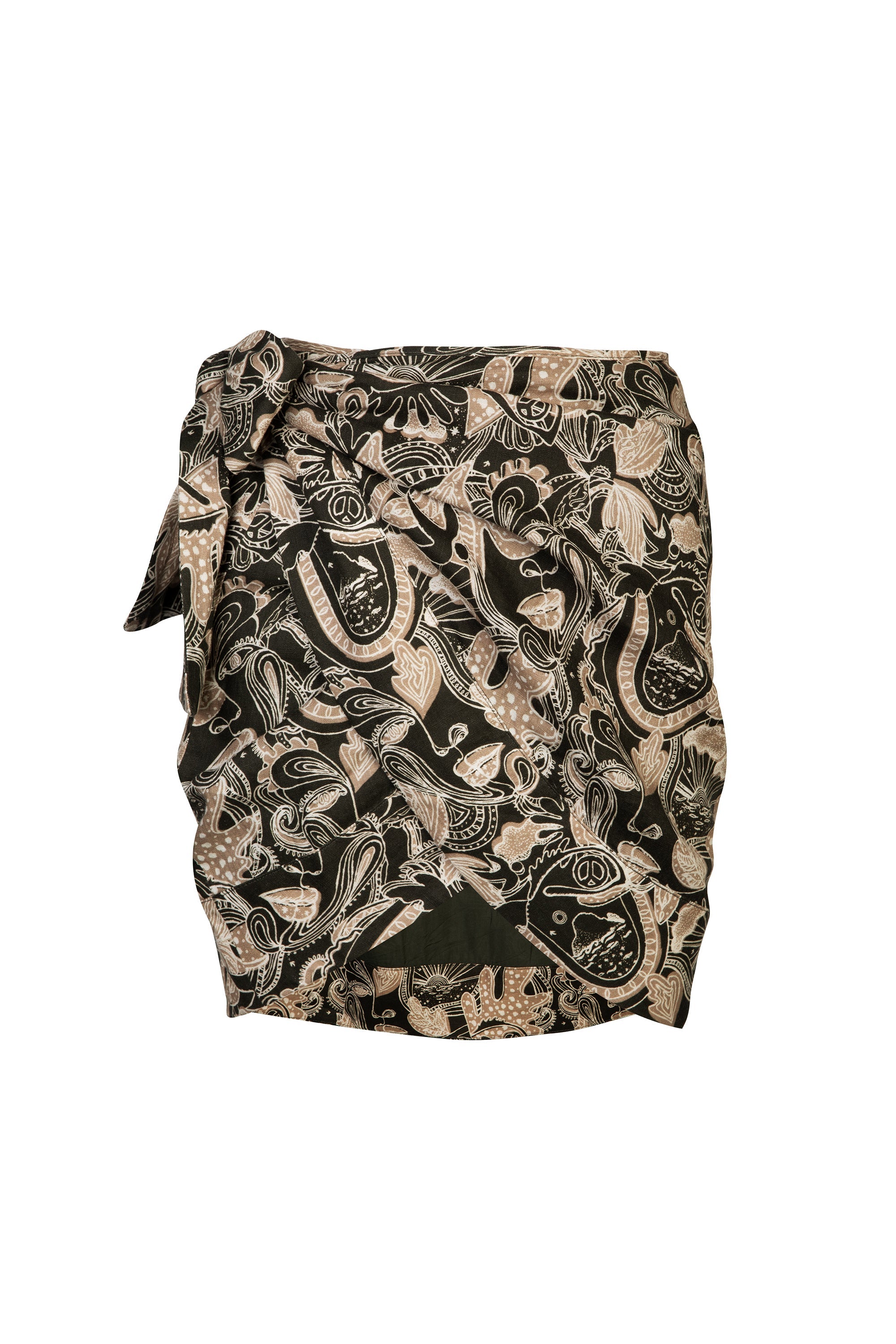 olive printed linen wrap skirt