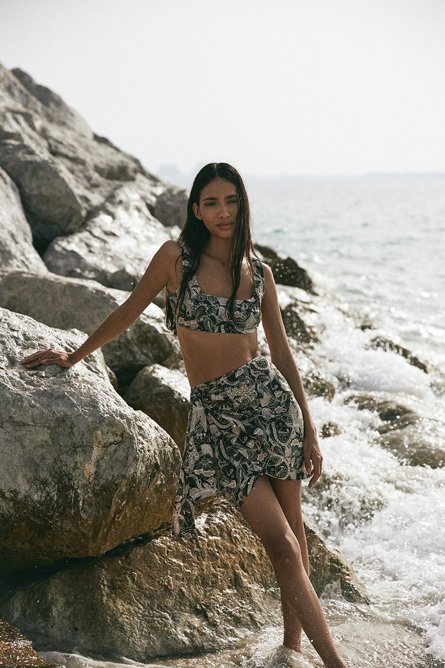 olive printed linen wrap skirt